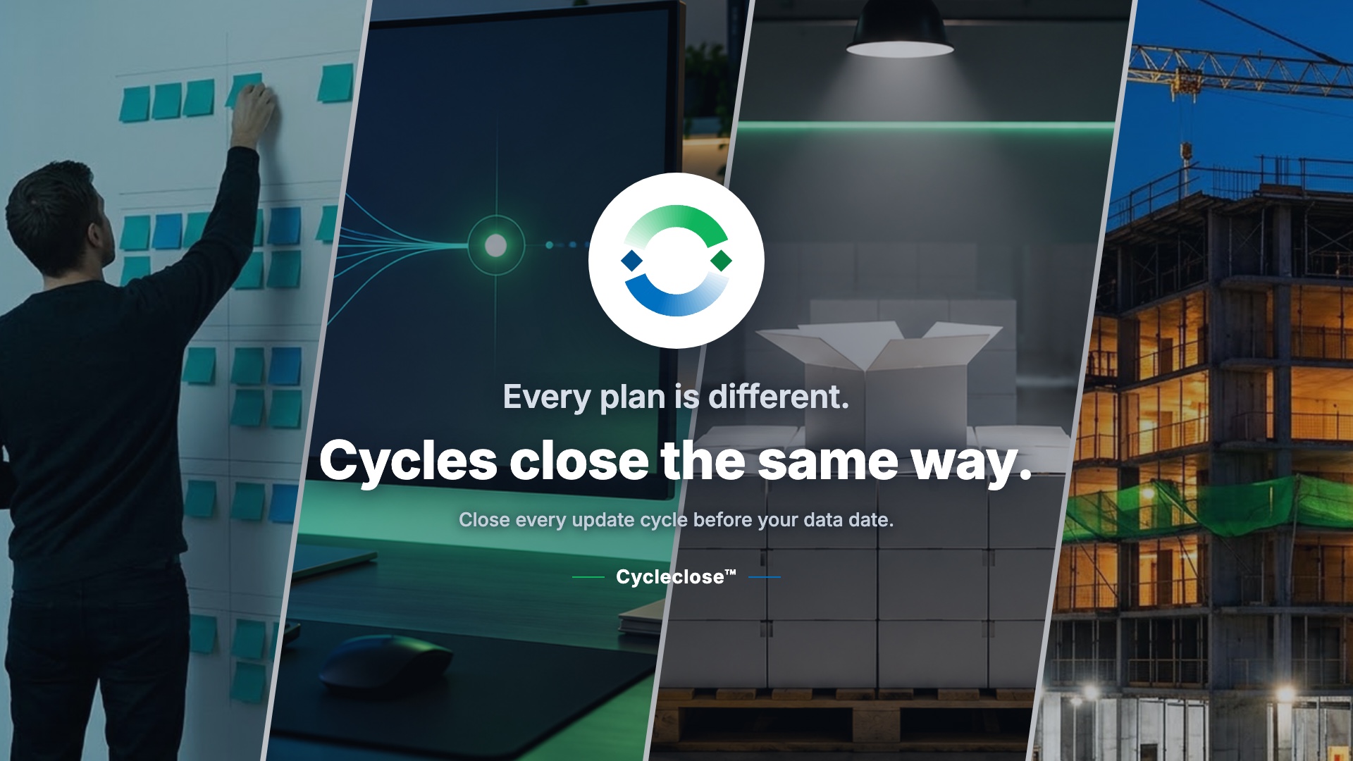 Film cover: four angled scenes — a planning wall, a release desk, a warehouse, a construction site — behind the Cycleclose mark and the line 'Every plan is different. Cycles close the same way.'