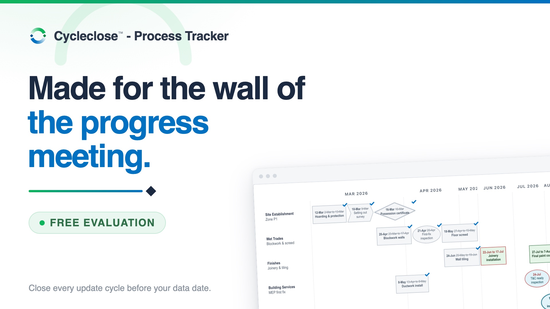 Cover of the Process Tracker launch film: Made for the wall of the progress meeting — free evaluation — with the app window showing a swimlane diagram.